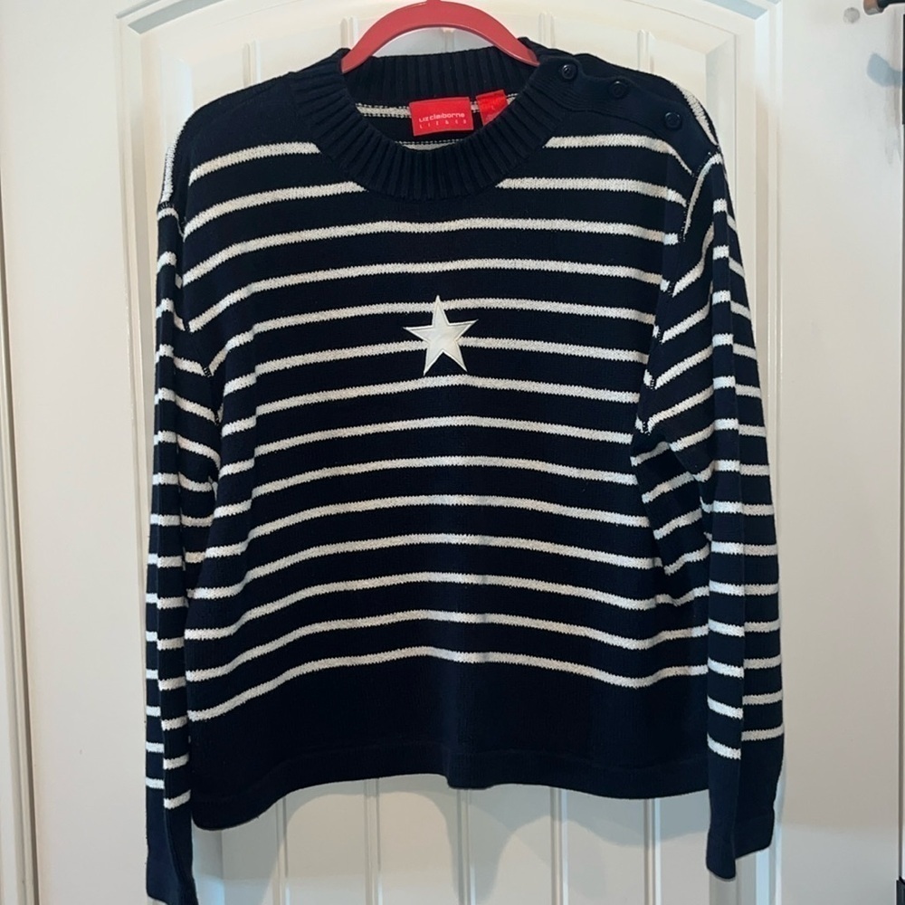 Navy white striped embroidered star cotton nautical preppy coastal sweater L